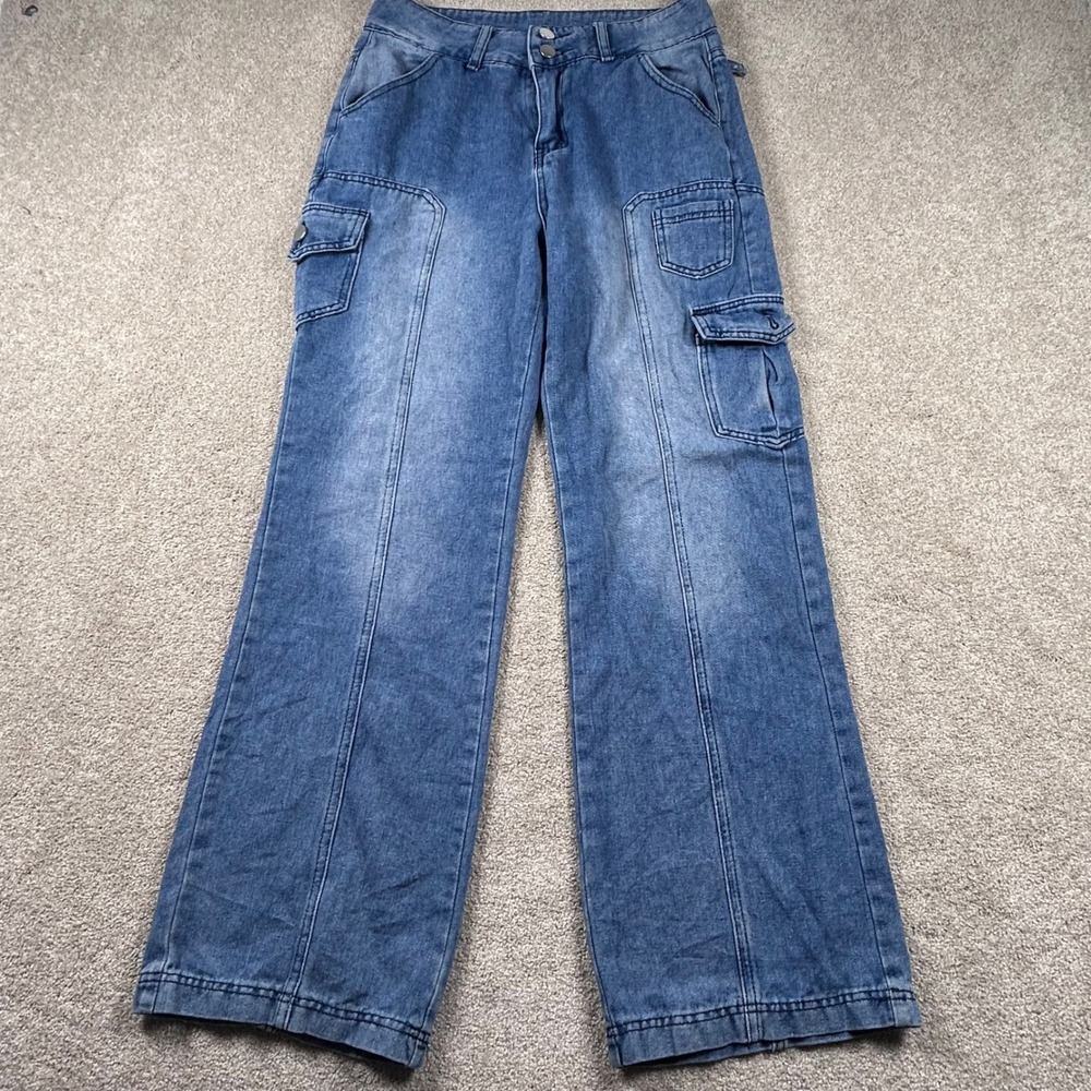 Unbranded Womens Blue Cargo Wide Leg Jeans Size L Medium Wash Y2K Utility Pants